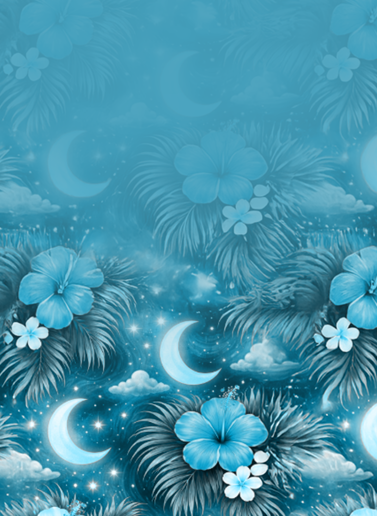 Blue Hawaiian print with flowers, stars and moons