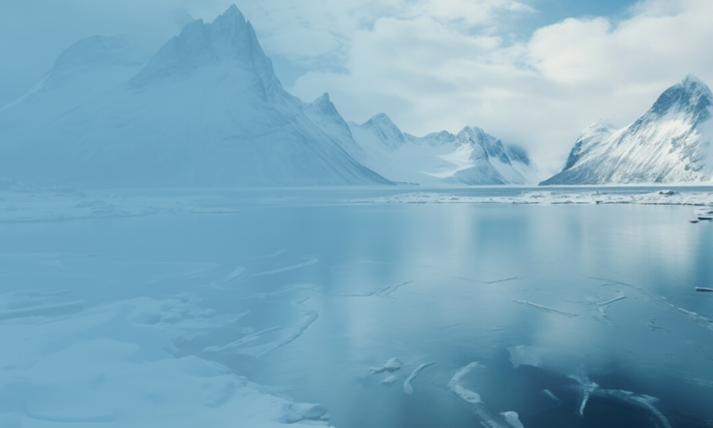 Snow-covered mountain landscape with a frozen lake, icy peaks, and a soft blue overlay.