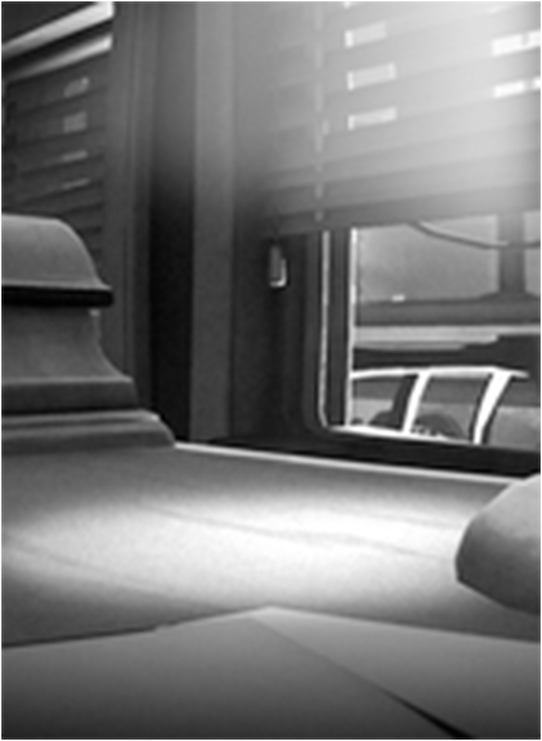 Black and white illustration of noir office with oversized objects