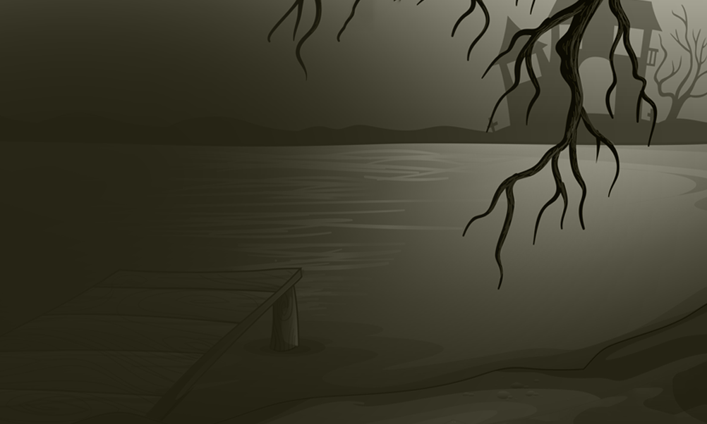 creepy lake with house in the background 
