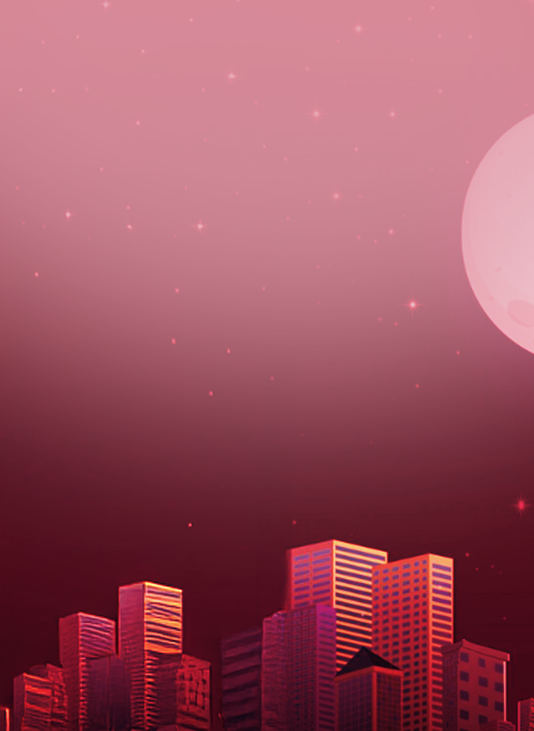 Red futuristic city skyline beneath a large glowing moon with a star-filled night sky, inspired by a cyberpunk aesthetic.
