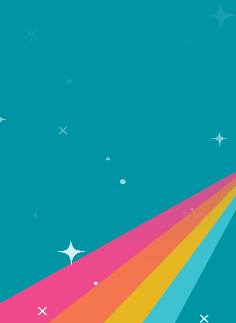 Teal background with bright diagonal rainbow stripe and white stars 