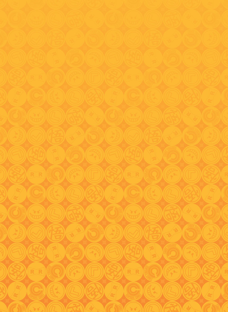 Dragon Ball-themed orange and gold background featuring a repeating pattern of collectible coins with Dragon Ball symbols and character-inspired icons.