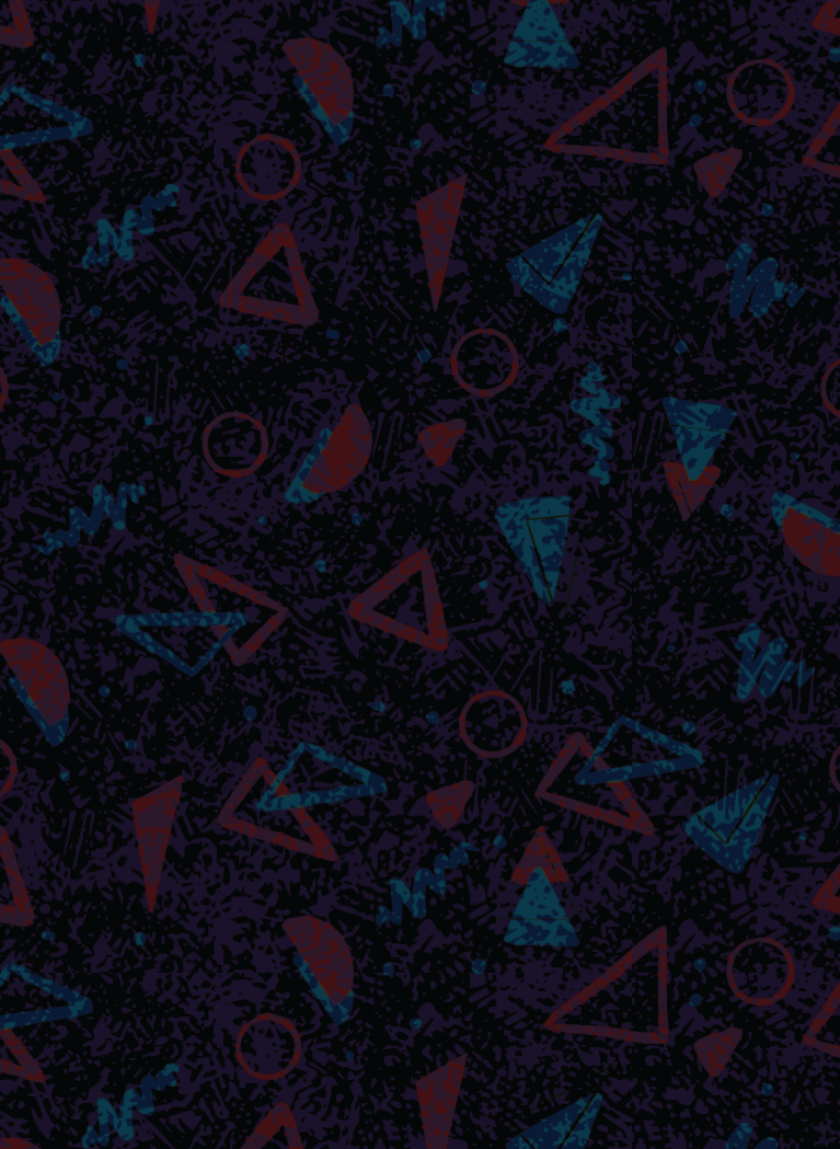 Dark patterned background with abstract red and blue geometric shapes and scribbled details.