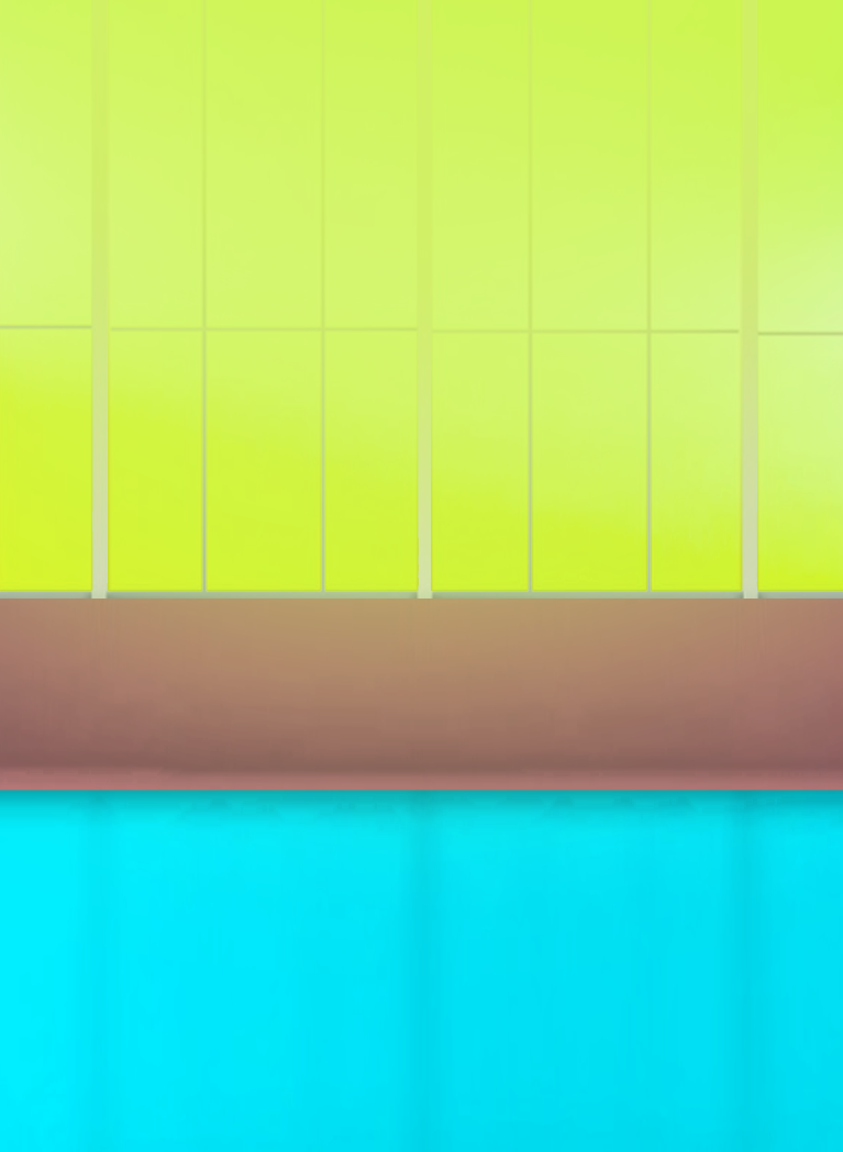 Empty room with lots of windows in a green tone with shiny blue floor in front 