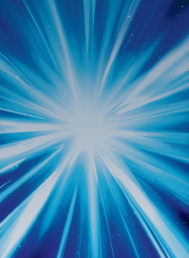 Abstract blue sci-fi background with a brilliant white central burst, radiating blue light beams and sparkling stars, evoking a high-speed journey through space.
