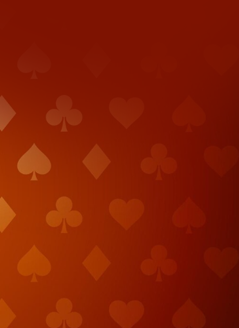 Warm red and orange gradient background patterned with playing card suits.
