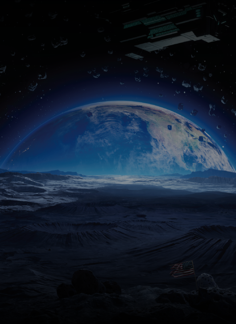 Sci-fi lunar landscape featuring a futuristic outpost, Earth on the horizon, orbiting satellites, and a star-filled outer space sky.