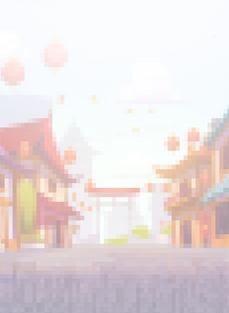 Soft pastel Japanese street scene with traditional buildings, hanging lanterns, and bright sky, illustrated in an anime-inspired style.