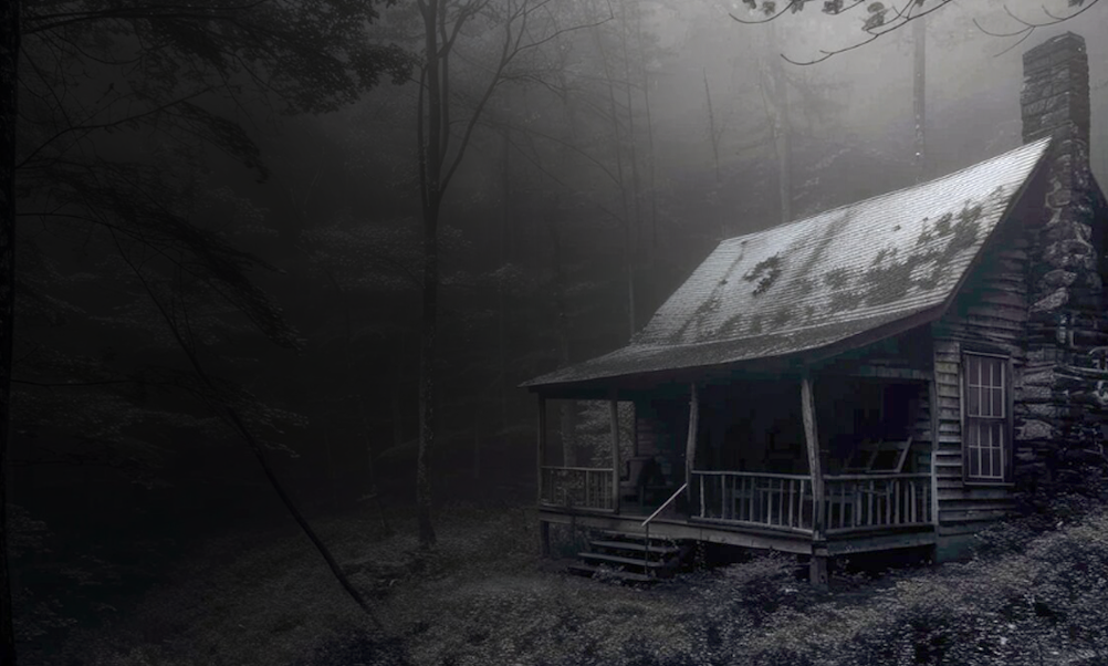 image of a creepy cabin in the woods in black and white