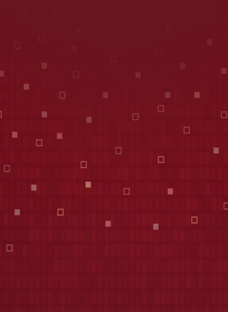 Dark red abstract background featuring a tiled grid pattern with small floating square elements in varying shades of red and pink.