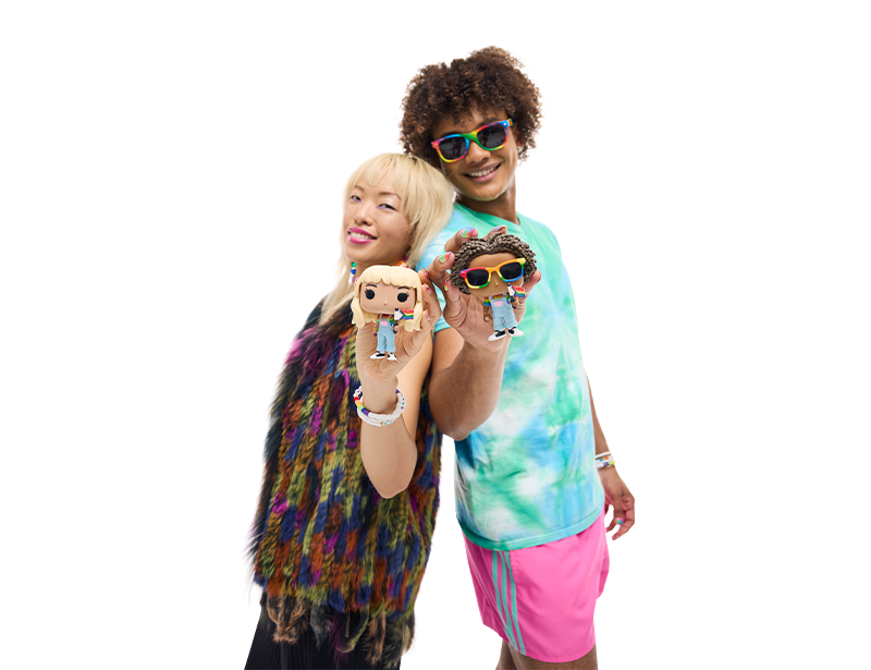 A man and a woman leaning back on eachother. They each hold a Funko Pop yourself made to look like them 