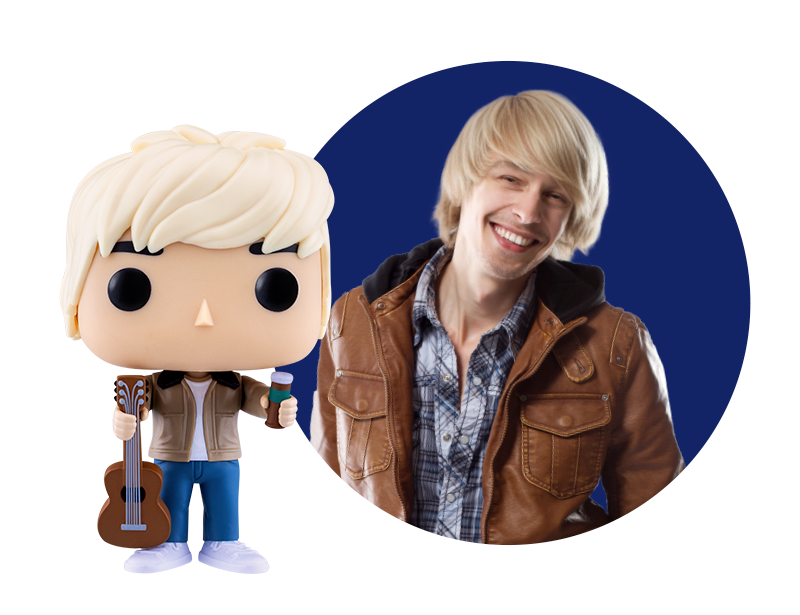 Male model with blond hair with pop yourself figure that looks the same