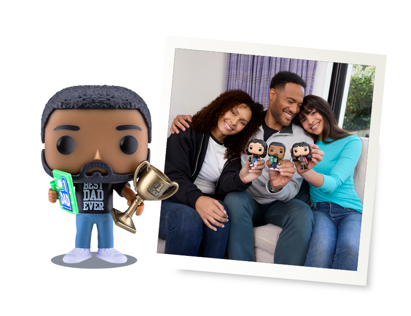 A polaroid style photo on the right of a dad with is family. On the left is a customised Funko POP! Yourself which looks like the dad.