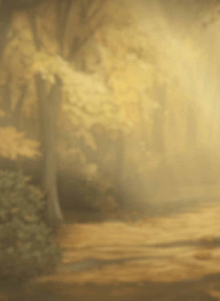 Golden, misty woodland scene with a winding forest path surrounded by trees and dense foliage