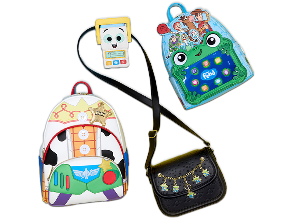 Blue Yellow product background featuring Loungefly Disney Pixar Toy Story 5 collection