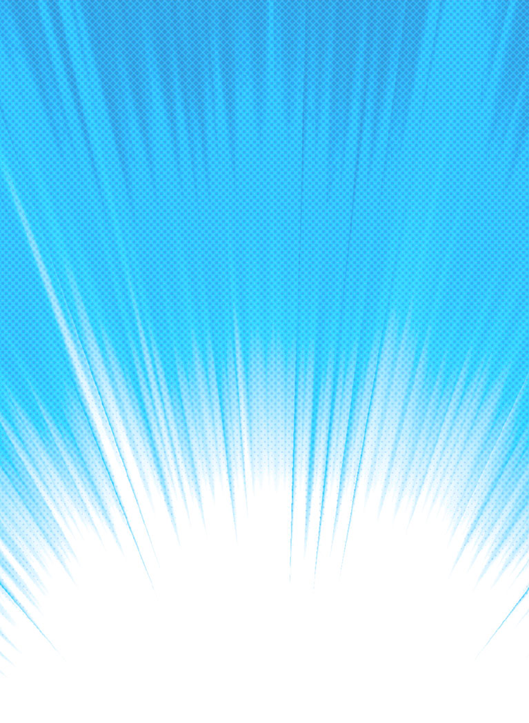 Blue halftone comic background with white sunburst rays.
