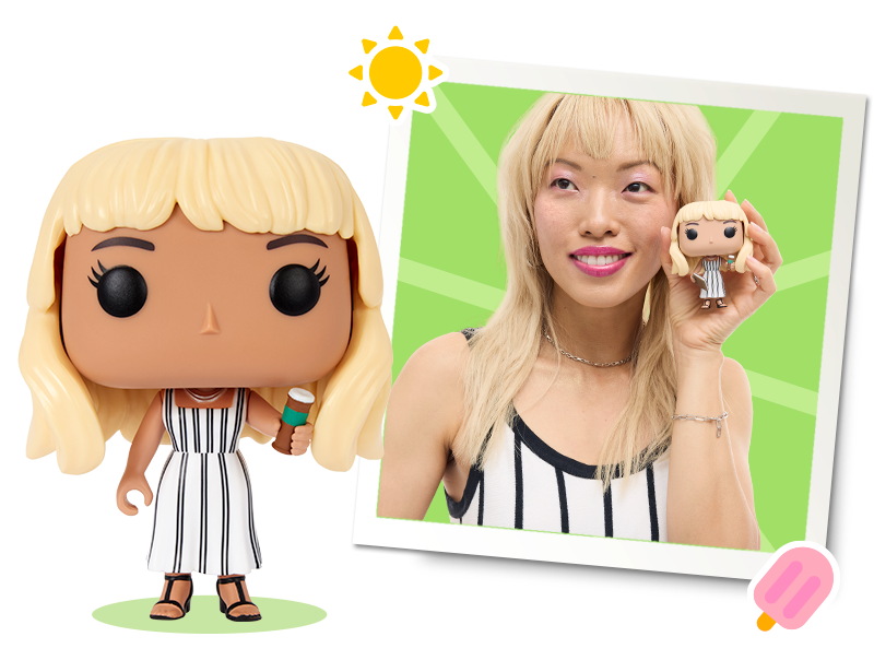 A polaroid style photo on the right of a of a woman in a summer dress holding a pop of herself. On the left is a customised Funko POP! Yourself which looks like her.