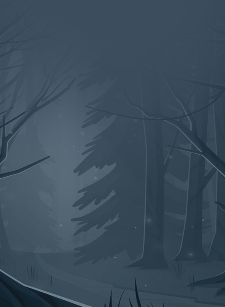 Dark, misty illustrated forest with tall trees and a winding path at night