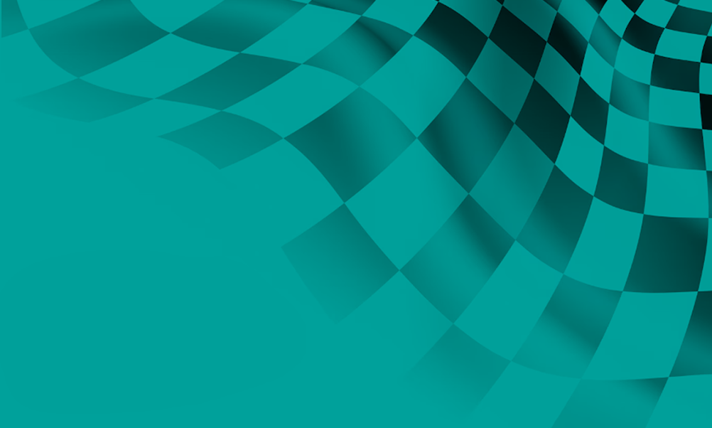 teal racing background featuring dynamic checkered flag pattern and flowing motion graphics.