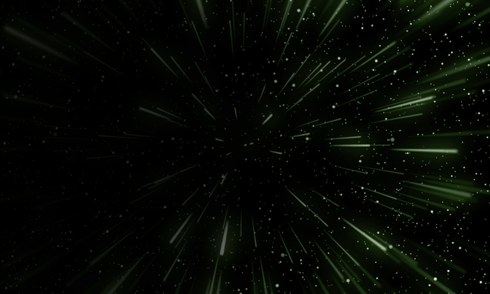 Futuristic green starfield background with warp-speed light trails, glowing particles, and deep space effects inspired by classic sci-fi adventures.