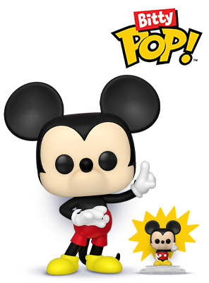 Funko Bitty POP! logo with normal-sized Mickey Mouse vinyl collectible next to a Bitty POP! Mickey Mouse collectible