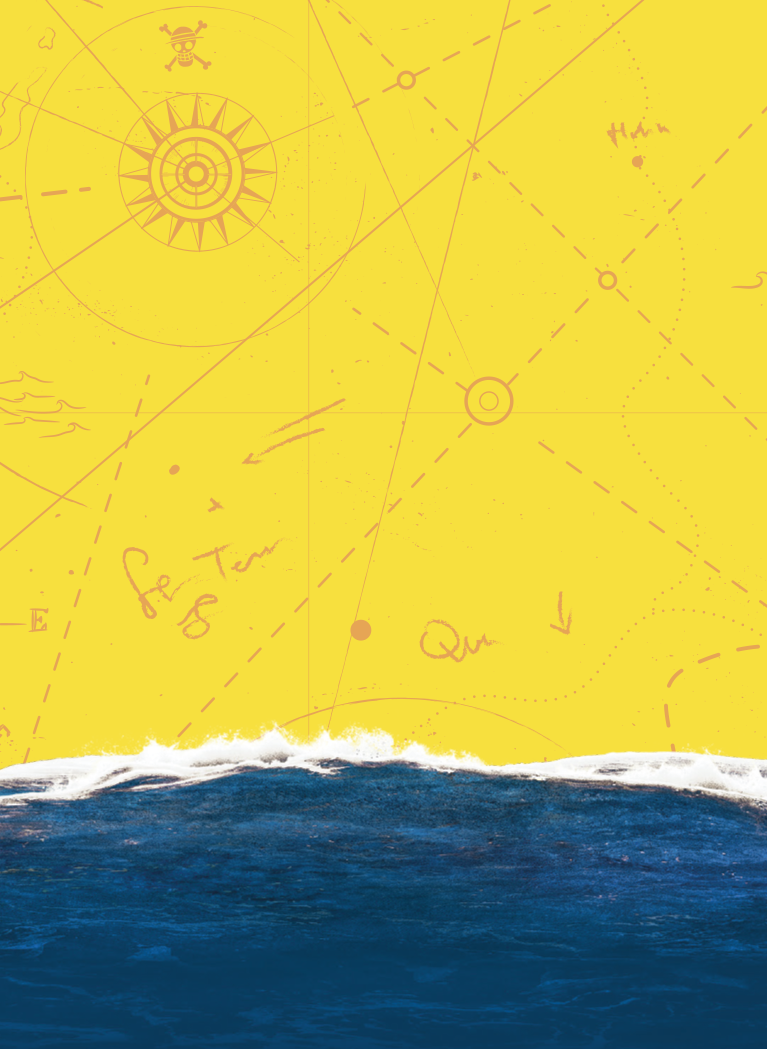 waves against a yellow map backdrop