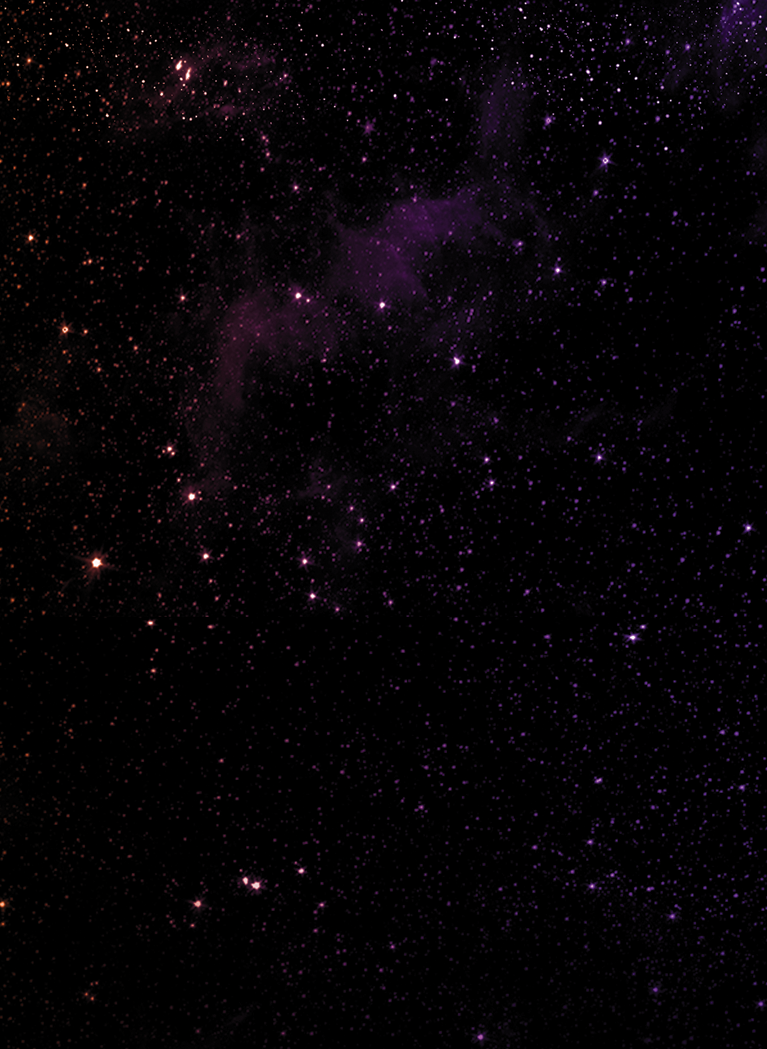 Deep space background with scattered stars and a light orange and purple hue