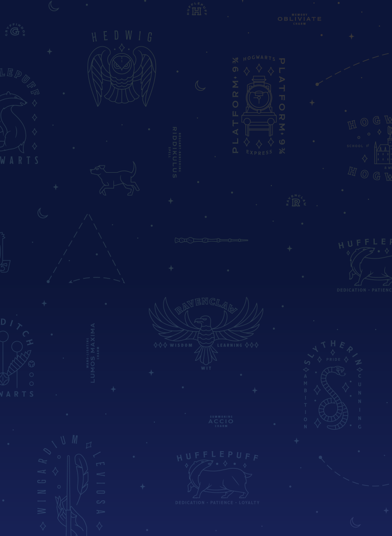Dark blue Harry Potter patterned background featuring Hogwarts houses, magical creatures and wizarding symbols