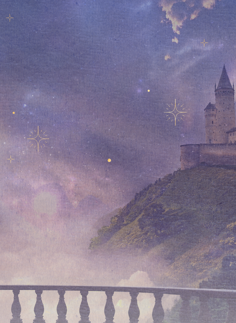Dreamlike purple mountain landscape beneath a starry sky, with golden celestial accents and a stone balcony overlooking the misty valley.