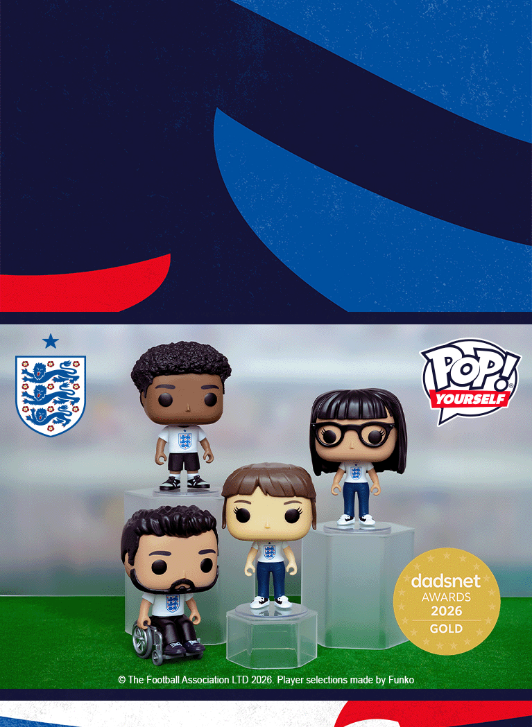 extreme close up of England badge with cut out of a selection of funko pop yourself figures wearing White tees with the Three lion badge on