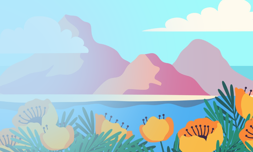 Illustrated Hawaiian landscape with mountains, sea and clouds with orange flowers in the foreground