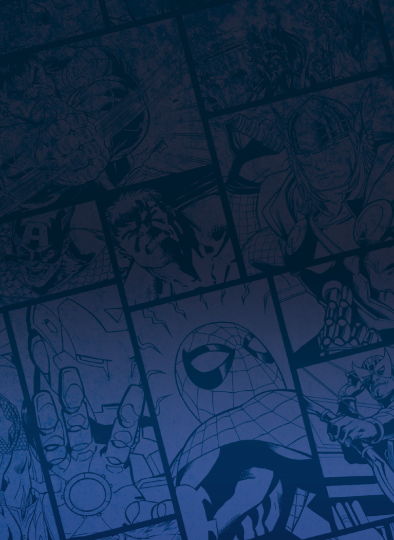 Blue-toned Marvel comic book collage featuring Wolverine, Captain America, Spider-Man and other illustrated superheroes