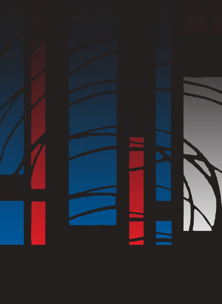 Abstract geometric background with bold red, blue, black, and white rectangular shapes and intersecting lines, resembling modern stained glass design on a dark gradient backdrop.