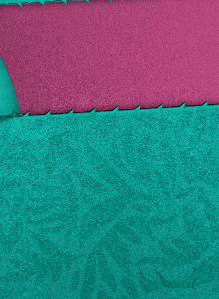 Textured teal background with a large distressed magenta rectangular panel on the left