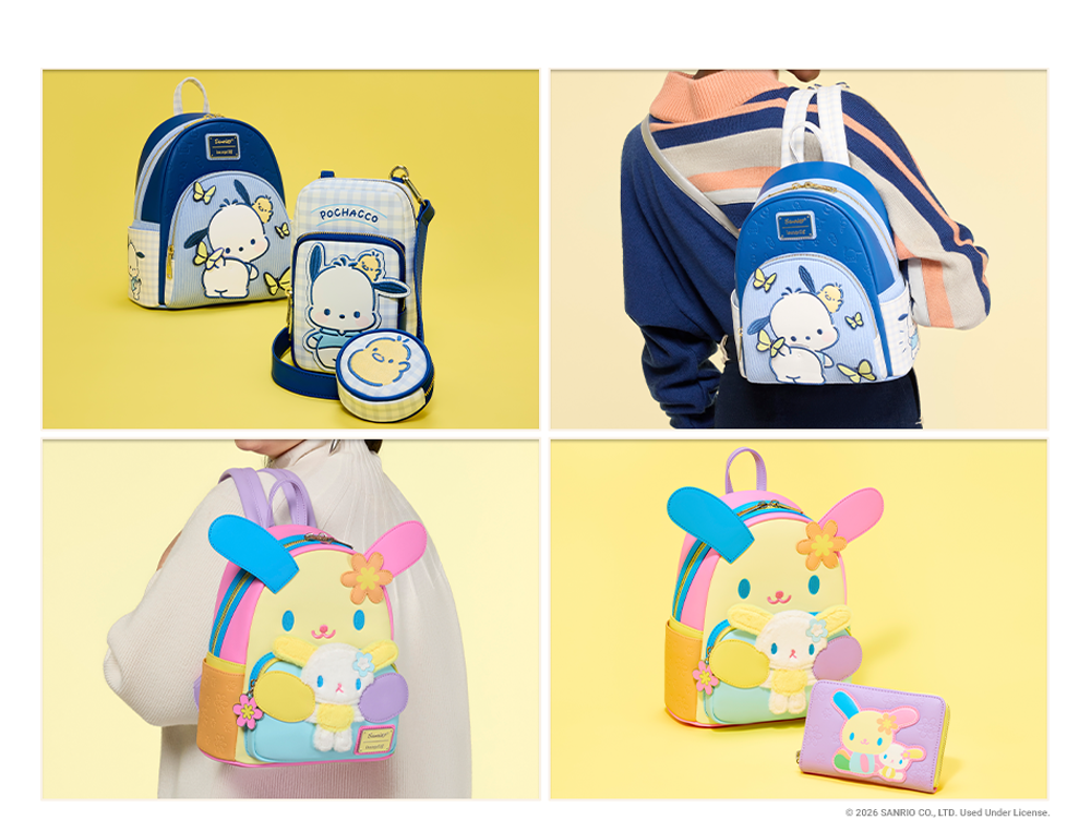 close up shots of Sanrio themed Loungefly accessories