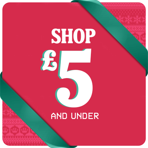 Red square with Ugly Christmas Sweater pattern and Green ribbons featuring "Shop $5 and Under" holiday gifts text