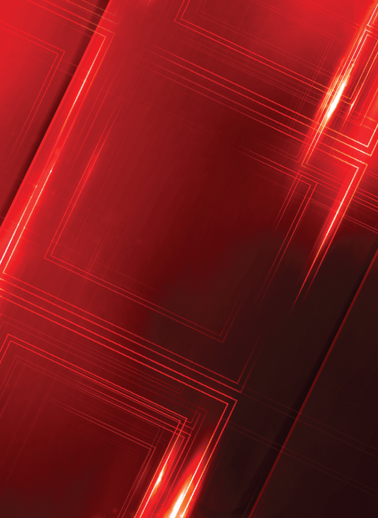 Abstract red background with glowing geometric lines and layered rectangular shapes.