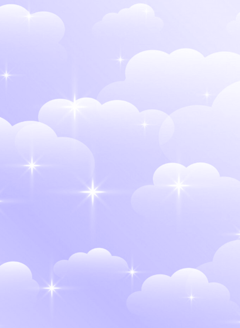 Soft lavender sky background with fluffy white clouds and sparkling stars