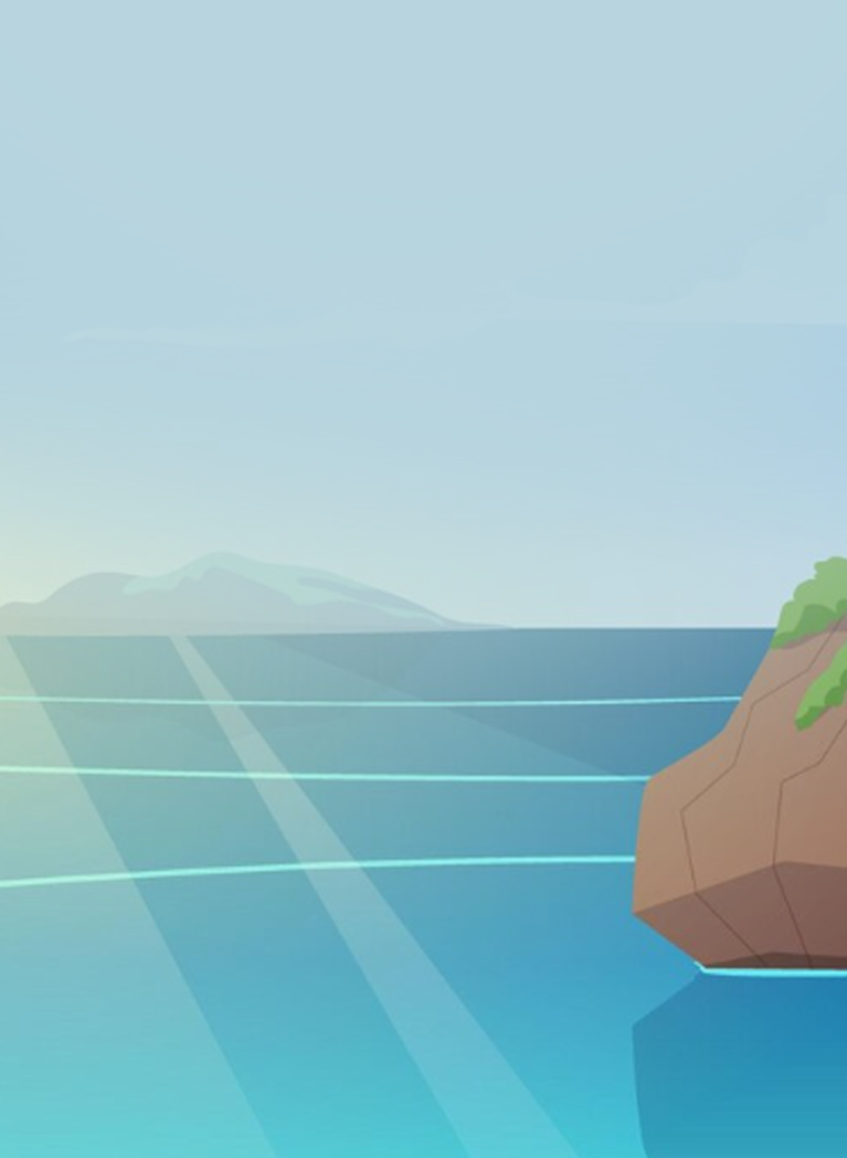Illustration of an ocean scene with mountains and an island in the distance