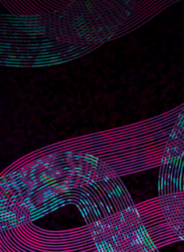 abstract background with colourful geometric textures and sweeping neon magenta and teal arcs.