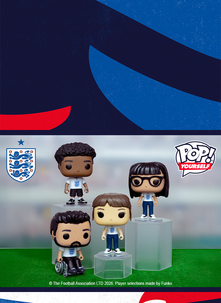 extreme close up of England badge with cut out of a selection of funko pop yourself figures wearing White tees with the Three lion badge on
