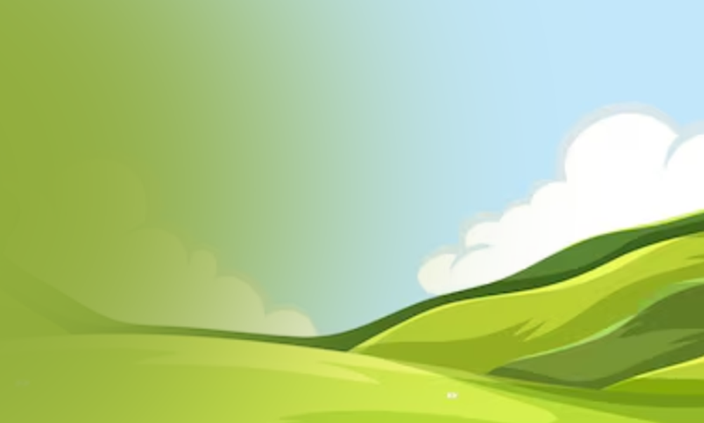 right cartoon countryside featuring rolling green hills, blue sky, and fluffy white clouds in a cheerful illustration style.