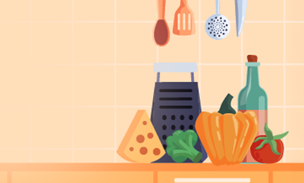 Illustrated kitchen counter with utensils hanging