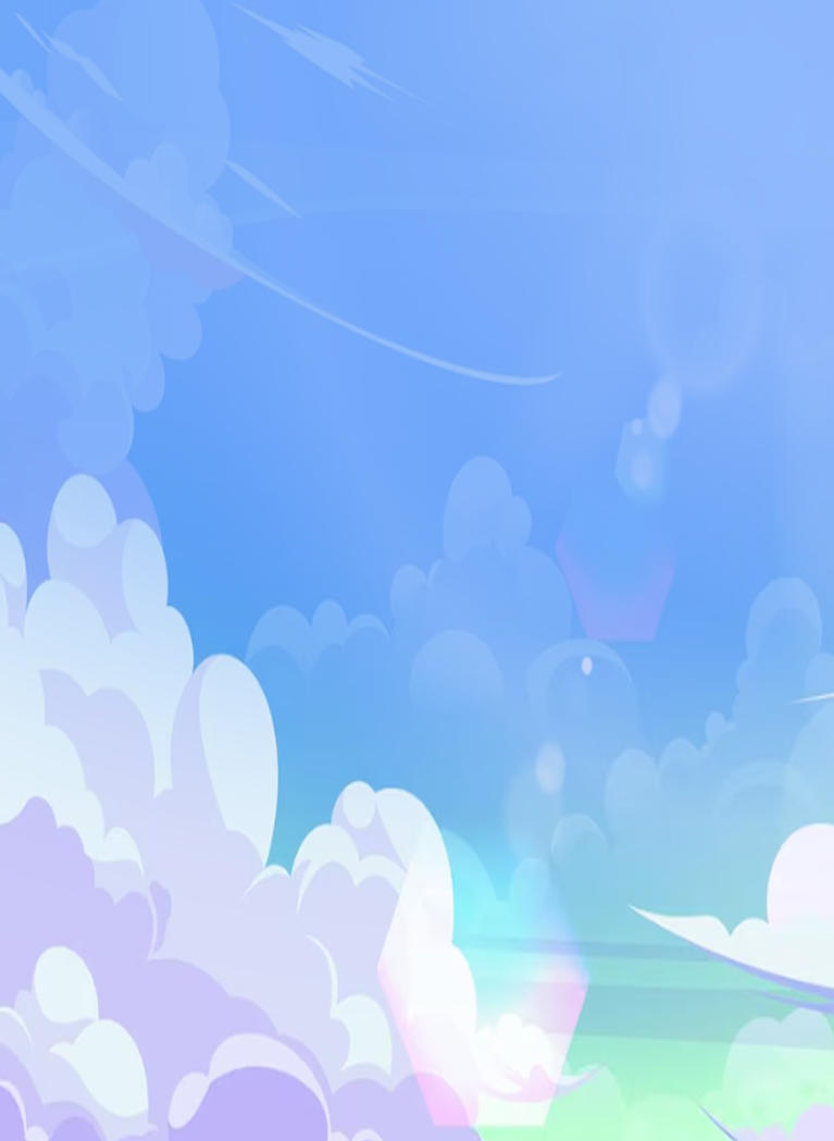 Soft blue fantasy sky with clouds, lens flares, and pastel purple and green accents.