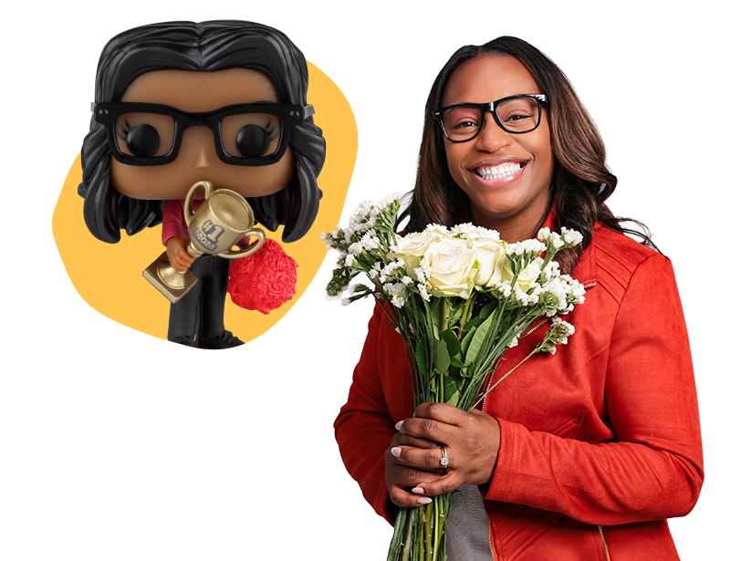 Model holding white flowers with a POP! Yourself figure in a bubble which looks like her