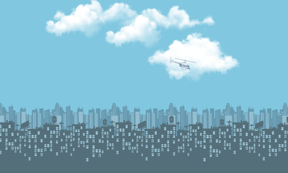 Illustrated city skyline under a blue sky with white clouds and a helicopter flying above urban buildings.