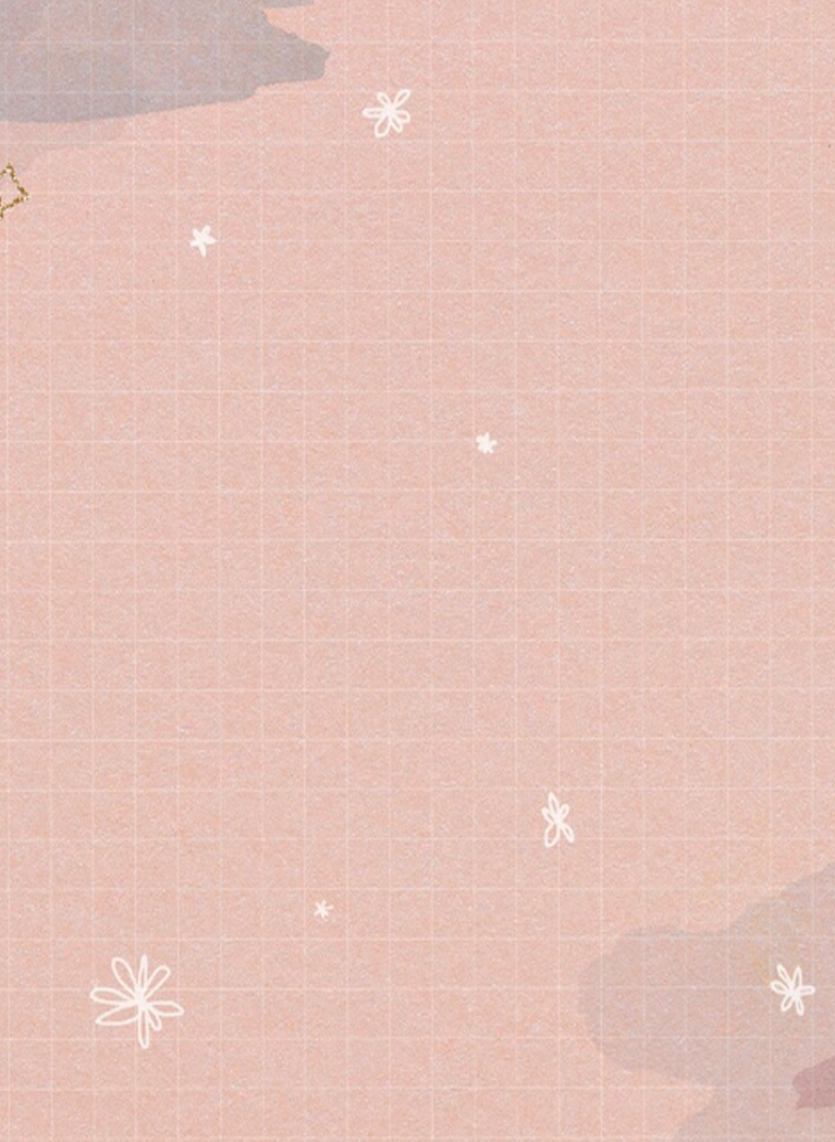 Soft pastel pink background with a subtle grid, hand-drawn flowers, sparkles, and abstract shapes.