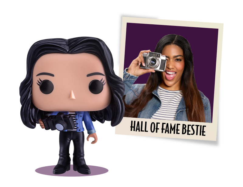 Femaile model with dark hair with pop yourself figure that looks the same