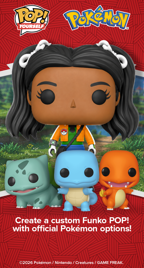 Red line background with Pokemon field featuring Funko Pop! Yourself collaboration